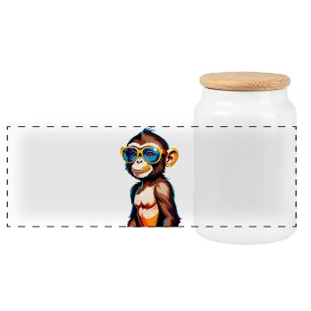 Kunterbunter Affe mit Retro-Sonnenbrille - Panorama Keksdose mit Holzdeckel - Weiß - Vorne