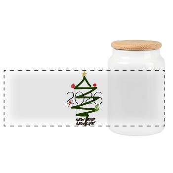 NEW YEAR 2026 – Weihnachtsbaum Design - Panorama Keksdose mit Holzdeckel - Weiß - Vorne