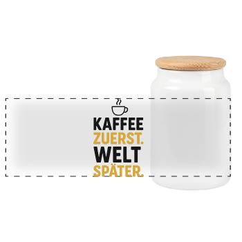 kaffee spruch morgen, kaffee zuerst welt später - Panorama Keksdose mit Holzdeckel - Weiß - Vorne
