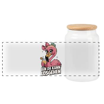 Motif de slogan flamant rose Bin da peut commencer - Boîte à biscuits avec couvercle en bois - blanc - Devant