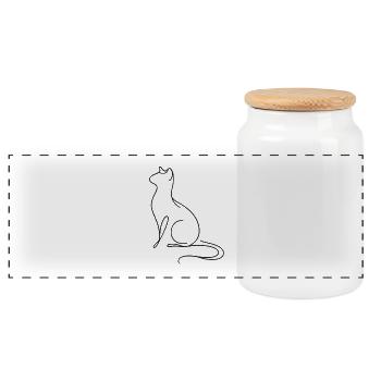 Silent Cat Silhouette in Elegant Flowing Lines Art - Panoramic Cookie Jar with Wooden Lid - white - Front