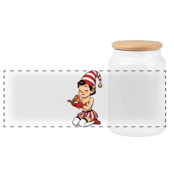 Gnome girl with robin - Panoramic Cookie Jar with Wooden Lid - white - Front