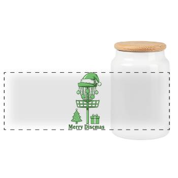 Merry Discsmas Disc Golf Basket Christmas Tree - Panoramic Cookie Jar with Wooden Lid - white - Front