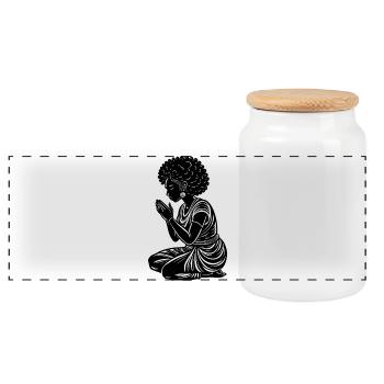 Afro woman pray - Panoramic Cookie Jar with Wooden Lid - white - Front