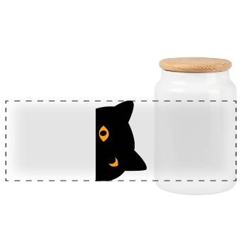 black cat - Panoramic Cookie Jar with Wooden Lid - white - Front