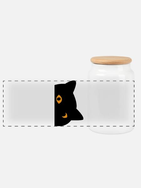 schwarze Katze - Panorama Keksdose mit Holzdeckel - Weiß