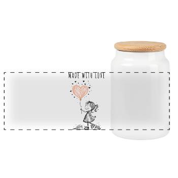 Made with Love – Hand-Drawn Heart - Panoramic Cookie Jar with Wooden Lid - white - Front