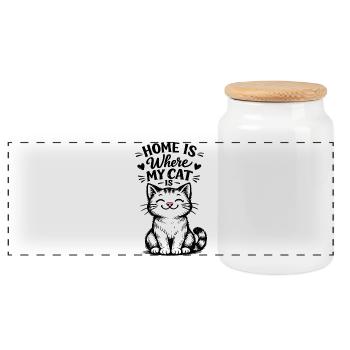 Chez moi, c’est là où est mon chat – motif de chat mignon - Boîte à biscuits avec couvercle en bois - blanc - Devant