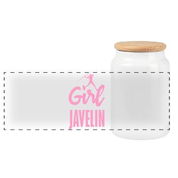 Javelin thrower with fun statement - Panoramic Cookie Jar with Wooden Lid - white - Front