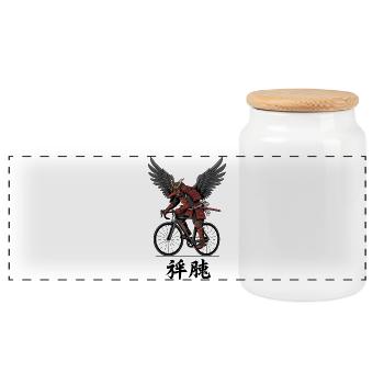 Geflügelter Samurai auf dem Fahrrad - Panorama Keksdose mit Holzdeckel - Weiß - Vorne