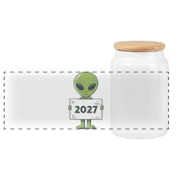 green alien - Panoramic Cookie Jar with Wooden Lid - white - Front