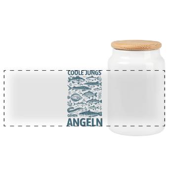 Coole Jungs gehen angeln - Fisch Tattoo - Panorama Keksdose mit Holzdeckel - Weiß - Vorne