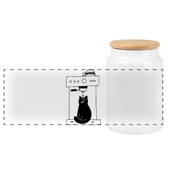 Black Cat Coffee Addict Minimalist - Panoramic Cookie Jar with Wooden Lid - white - Front