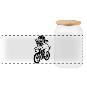 Cool Pug on Bike Cyclist - Panoramic Cookie Jar with Wooden Lid - white - Front