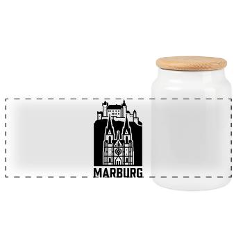 Marburg Silhouette Wahrzeichen - Panorama Keksdose mit Holzdeckel - Weiß - Vorne