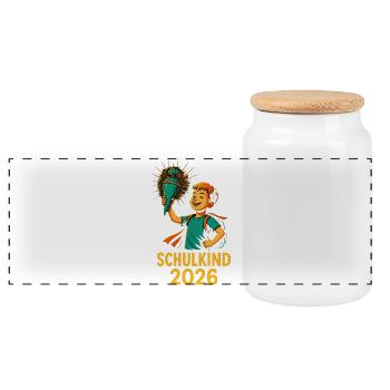 Schulkind 2026 Cartoon-Design - Panorama Keksdose mit Holzdeckel - Weiß - Vorne