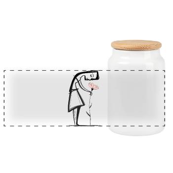 Minimalist line woman with flower - Panoramic Cookie Jar with Wooden Lid - white - Front