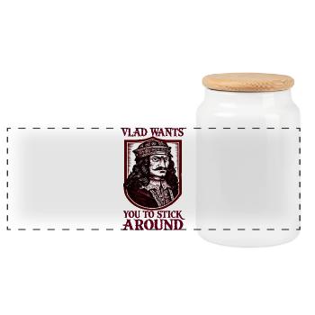 Vlad Wants You to Stick Around - Panoramic Cookie Jar with Wooden Lid - white - Front