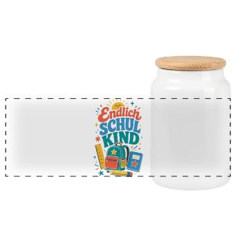 Endlich Schulkind – bunte Schultasche - Panorama Keksdose mit Holzdeckel - Weiß - Vorne
