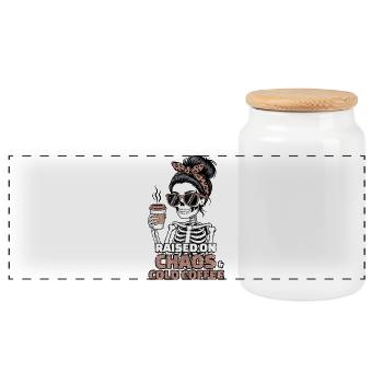 Chaos and Coffee: Skeleton Style - Panoramic Cookie Jar with Wooden Lid - white - Front