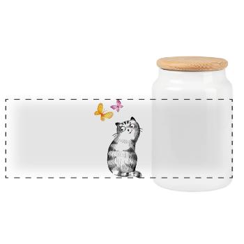 Chat aux papillons – Conception de croquis - Boîte à biscuits avec couvercle en bois - blanc - Devant