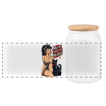 Rockabella mit schwarzer Katze im Retro Stil - Panorama Keksdose mit Holzdeckel - Weiß - Vorne
