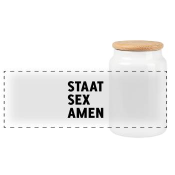 State Examination (State Sex Amen) - Panoramic Cookie Jar with Wooden Lid - white - Front