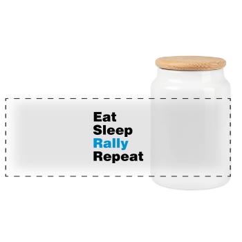 eat sleep rally repeat 2col - Panoramic Cookie Jar with Wooden Lid - white - Front