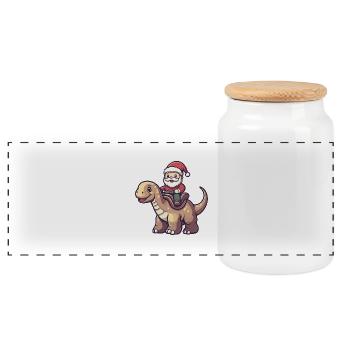 Dinosaur brontosaurus Santa Claus Cartoon - Panoramic Cookie Jar with Wooden Lid - white - Front