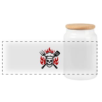 Grill Totenkopf Koch Flamme - Panorama Keksdose mit Holzdeckel - Weiß - Vorne