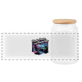 Pixels, Peace & Power-Ups – Gaming Setup - Panoramic Cookie Jar with Wooden Lid - white - Front