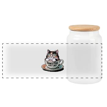 Pawsitive Vibes Only – Cat in a Cup - Panoramic Cookie Jar with Wooden Lid - white - Front