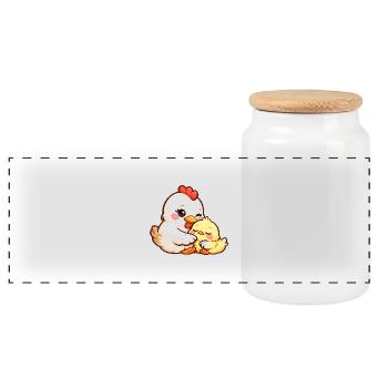 Mother hen cuddles with her little chick - Panoramic Cookie Jar with Wooden Lid - white - Front
