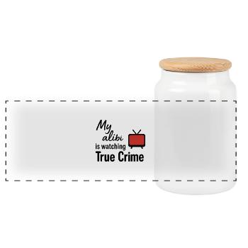 My Alibi Shirt – Funny True Crime TV Podcast - Panoramic Cookie Jar with Wooden Lid - white - Front