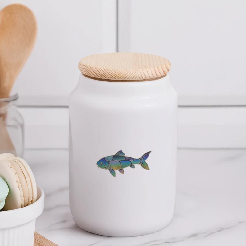 Gradient Pattern Iridescent Koi Fish Panoramic Cookie Jar with Wooden Lid