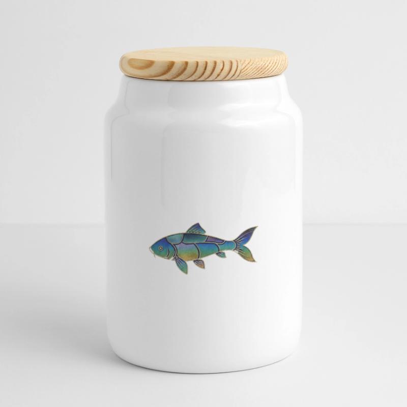 Gradient Pattern Iridescent Koi Fish Panoramic Cookie Jar with Wooden Lid