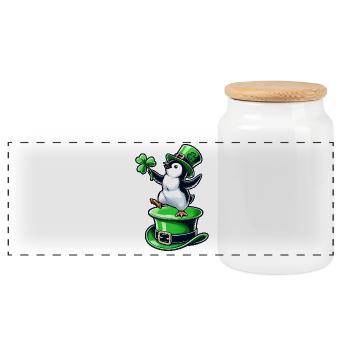 St. Patrick's Day penguin with top hat dancing - Panoramic Cookie Jar with Wooden Lid - white - Front