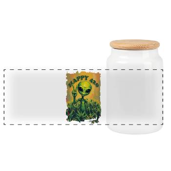 Cannabis HAPPY 420 with Paece Alien 1 - Panoramic Cookie Jar with Wooden Lid - white - Front