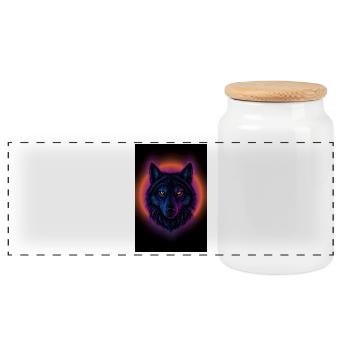 Neon Wolf auf Orange Circle - Panorama Keksdose mit Holzdeckel - Weiß - Vorne