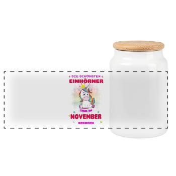 November Einhorn - Panorama Keksdose mit Holzdeckel - Weiß - Vorne