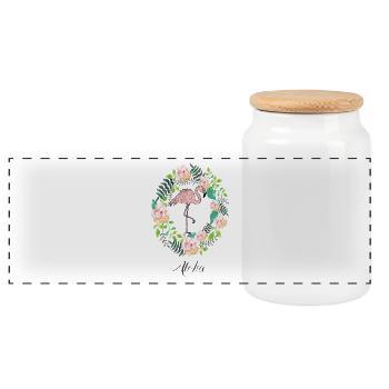 Flamingo - Aloha - Blumenkranz - Panorama Keksdose mit Holzdeckel - Weiß - Vorne