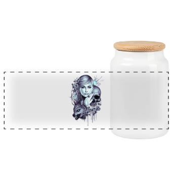 Wolf Skull Girl Tattoo - Panoramic Cookie Jar with Wooden Lid - white - Front