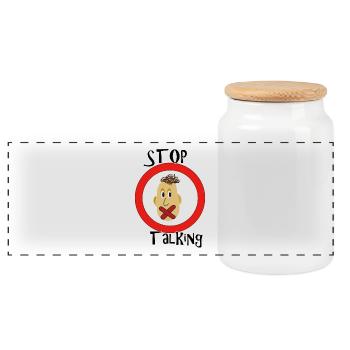 Stop talking - Panoramic Cookie Jar with Wooden Lid - white - Front