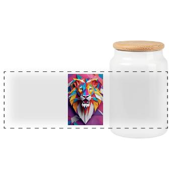 Sunset Monarch: Sculpted Lion Majesty - Panoramic Cookie Jar with Wooden Lid - white - Front
