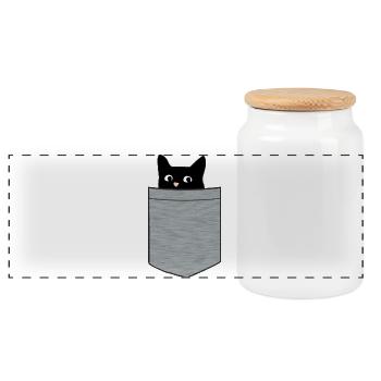 Chaton noir dans la poche poitrine - Boîte à biscuits avec couvercle en bois - blanc - Devant
