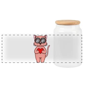 Cat with sunglasses and heart - Panoramic Cookie Jar with Wooden Lid - white - Front