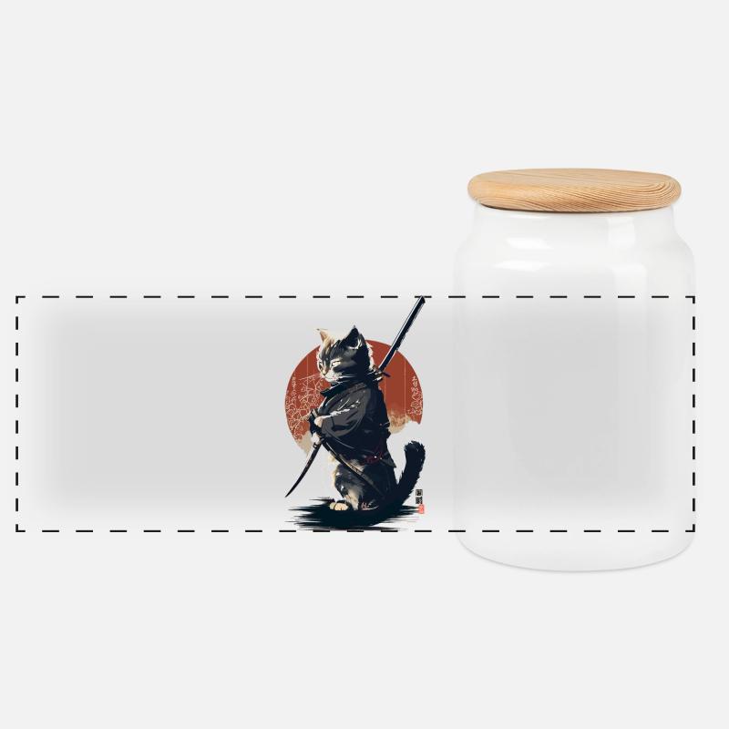 Kawaii Neko Samurai : chat samouraï - Boîte à biscuits avec couvercle en bois - blanc