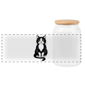 Illustration of a black and white cat with yellow eyes - Panoramic Cookie Jar with Wooden Lid - white - Front