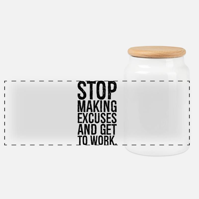 stop making excuses and get to work - Panorama Keksdose mit Holzdeckel - Weiß