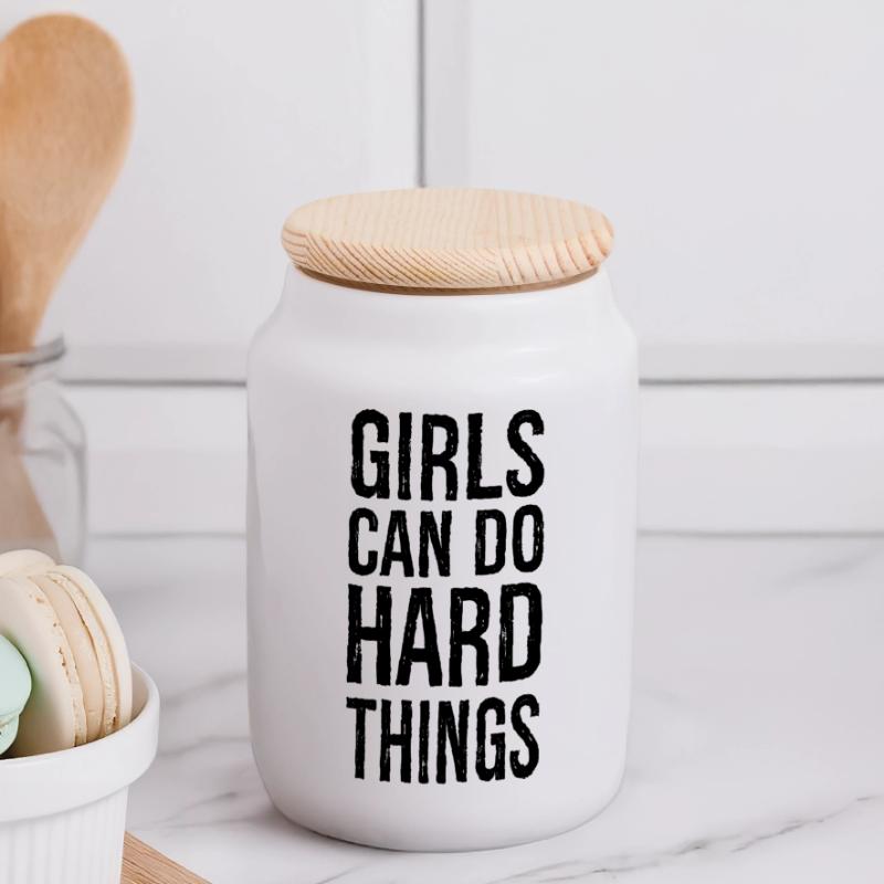 Mädchen können harte Dinge tun Panorama Keksdose mit Holzdeckel